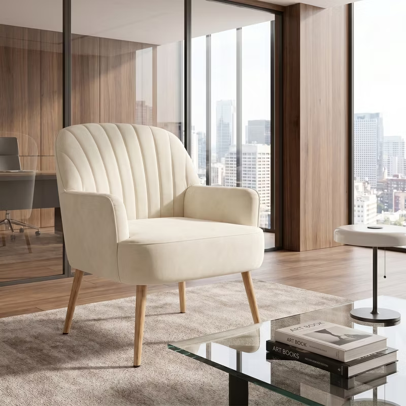 Velvet Modern Upholstered Accent Chair Luxury Single Sofa Armchair Metal Legs Comfy Barrel for Living Bedroom Office Cafe 1pc