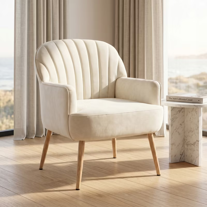 Velvet Modern Upholstered Accent Chair Luxury Single Sofa Armchair Metal Legs Comfy Barrel for Living Bedroom Office Cafe 1pc