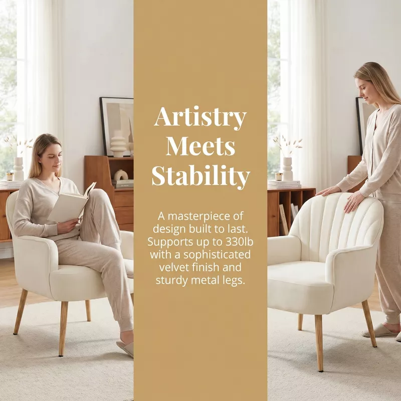 Velvet Modern Upholstered Accent Chair Luxury Single Sofa Armchair Metal Legs Comfy Barrel for Living Bedroom Office Cafe 1pc