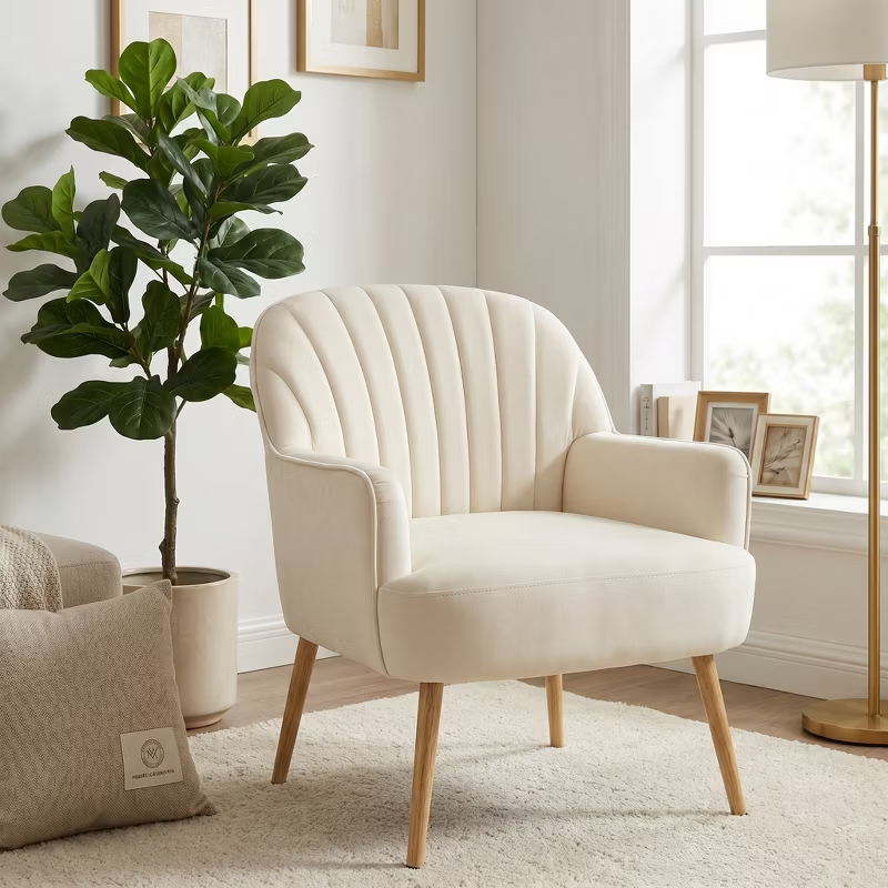 Velvet Modern Upholstered Accent Chair Luxury Single Sofa Armchair Metal Legs Comfy Barrel for Living Bedroom Office Cafe 1pc