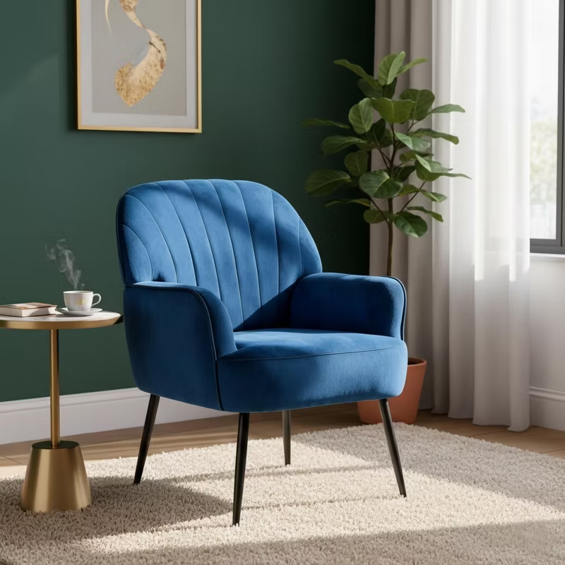 Velvet Modern Upholstered Accent Chair Luxury Single Sofa Armchair Metal Legs Comfy Barrel for Living Bedroom Office Cafe 1pc