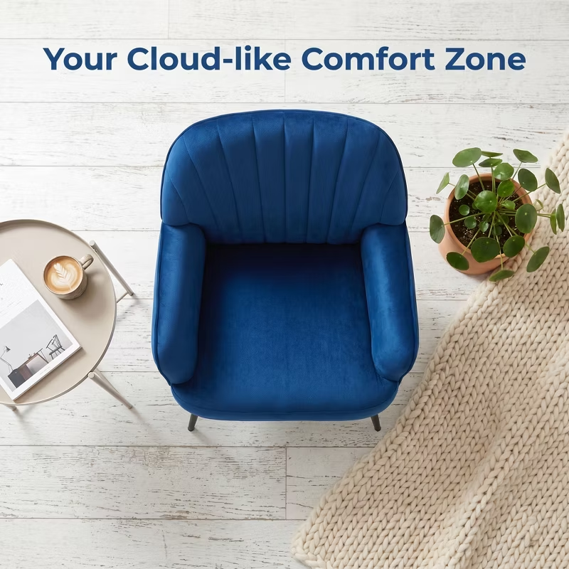 Velvet Modern Upholstered Accent Chair Luxury Single Sofa Armchair Metal Legs Comfy Barrel for Living Bedroom Office Cafe 1pc