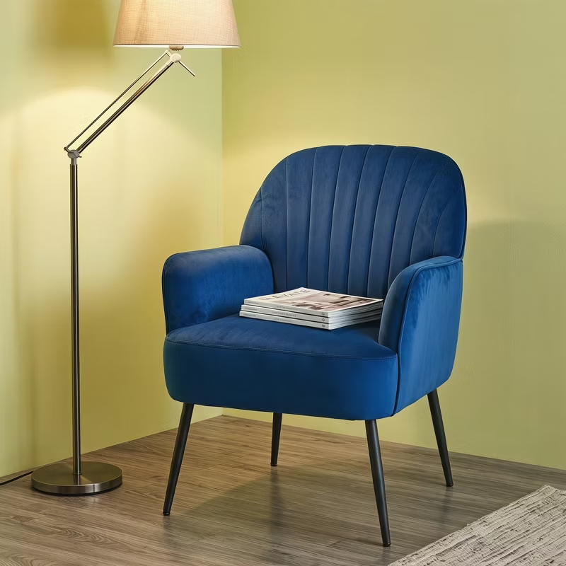 Velvet Modern Upholstered Accent Chair Luxury Single Sofa Armchair Metal Legs Comfy Barrel for Living Bedroom Office Cafe 1pc