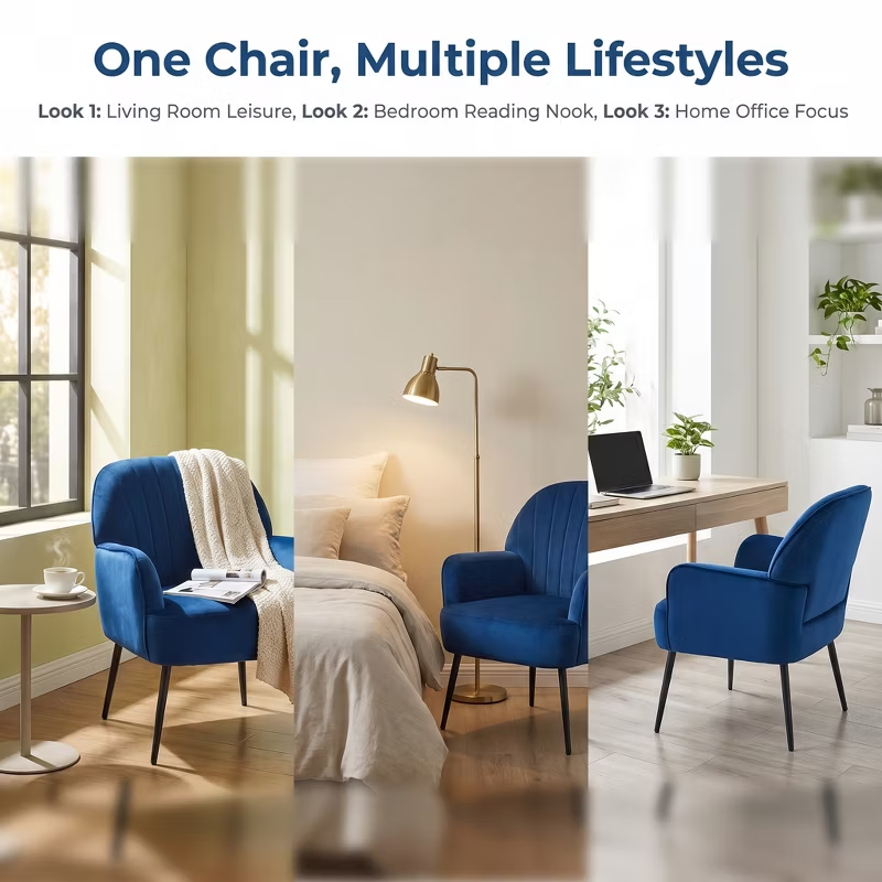Velvet Modern Upholstered Accent Chair Luxury Single Sofa Armchair Metal Legs Comfy Barrel for Living Bedroom Office Cafe 1pc