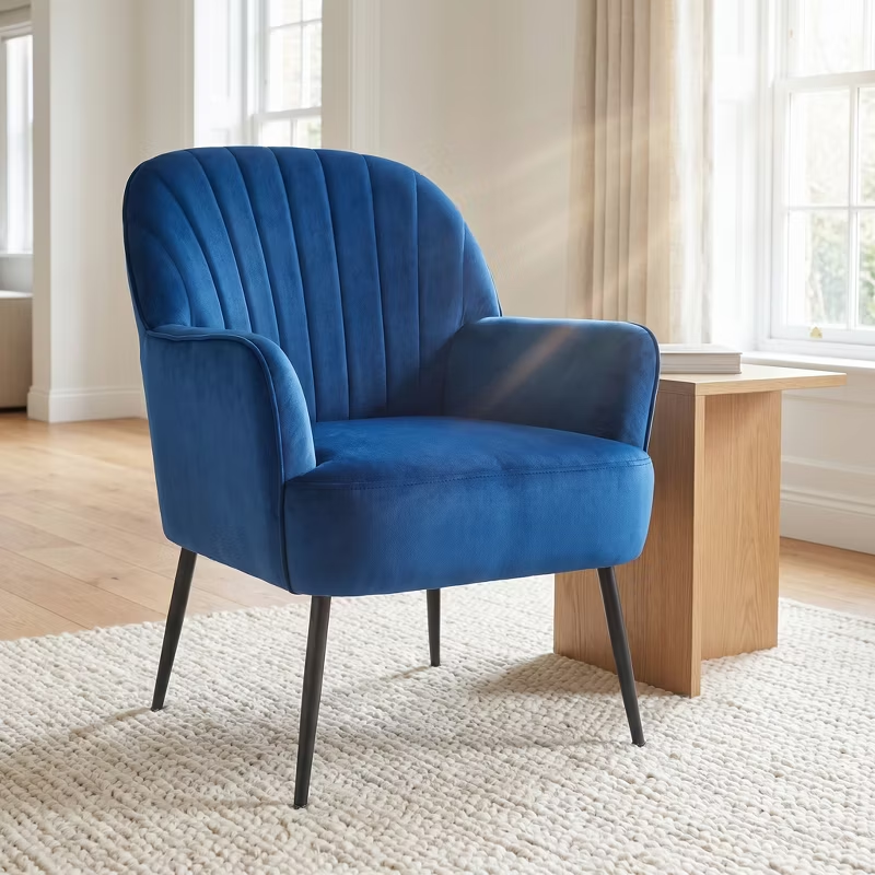 Velvet Modern Upholstered Accent Chair Luxury Single Sofa Armchair Metal Legs Comfy Barrel for Living Bedroom Office Cafe 1pc