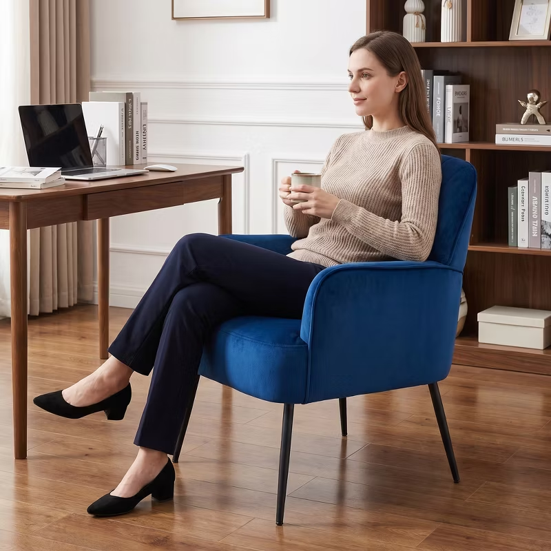 Velvet Modern Upholstered Accent Chair Luxury Single Sofa Armchair Metal Legs Comfy Barrel for Living Bedroom Office Cafe 1pc