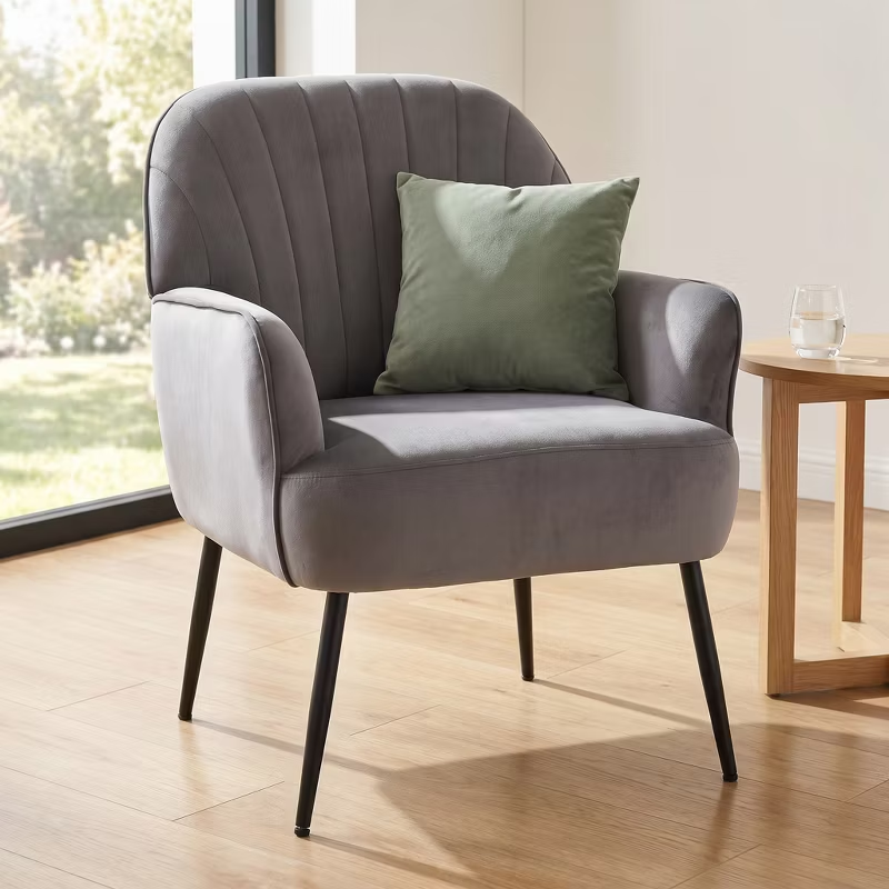 Velvet Modern Upholstered Accent Chair Luxury Single Sofa Armchair Metal Legs Comfy Barrel for Living Bedroom Office Cafe 1pc