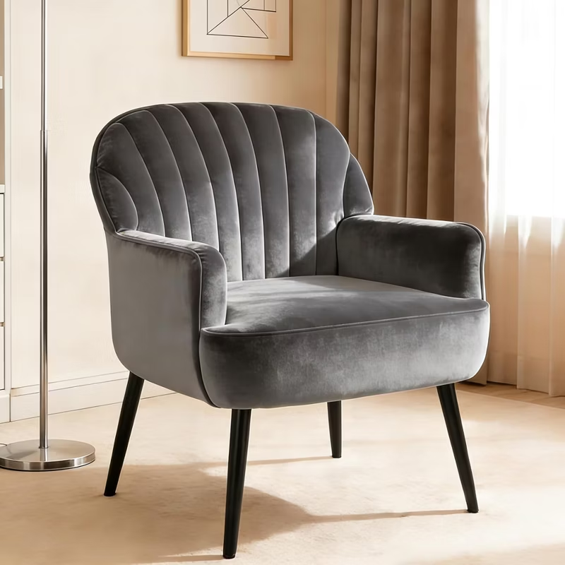 Velvet Modern Upholstered Accent Chair Luxury Single Sofa Armchair Metal Legs Comfy Barrel for Living Bedroom Office Cafe 1pc