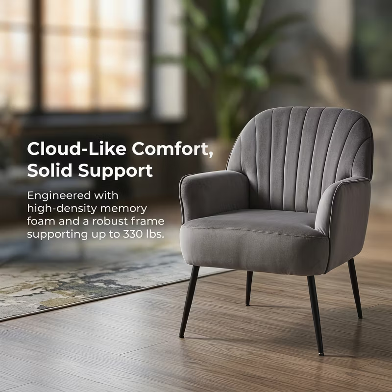 Velvet Modern Upholstered Accent Chair Luxury Single Sofa Armchair Metal Legs Comfy Barrel for Living Bedroom Office Cafe 1pc