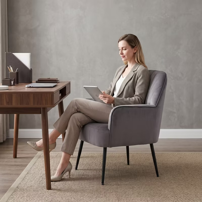 Velvet Modern Upholstered Accent Chair Luxury Single Sofa Armchair Metal Legs Comfy Barrel for Living Bedroom Office Cafe 1pc