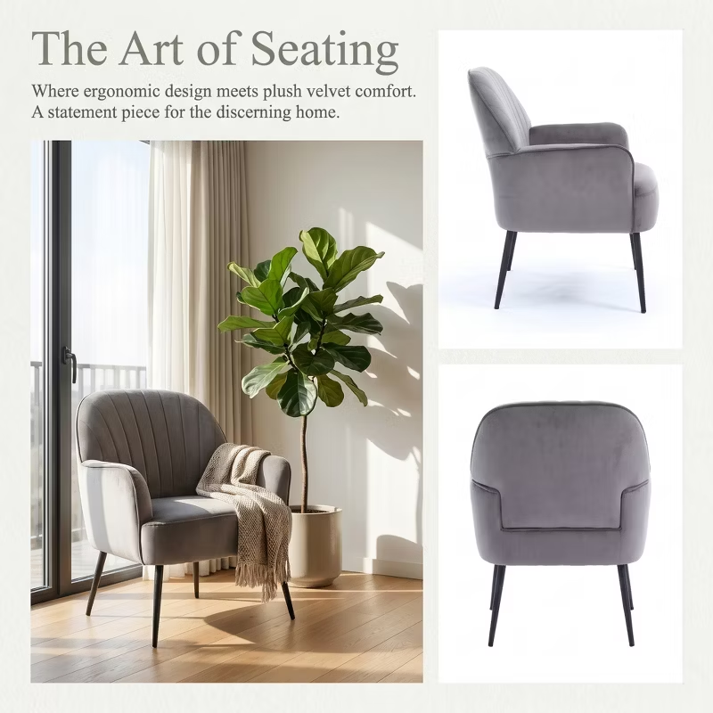 Velvet Modern Upholstered Accent Chair Luxury Single Sofa Armchair Metal Legs Comfy Barrel for Living Bedroom Office Cafe 1pc
