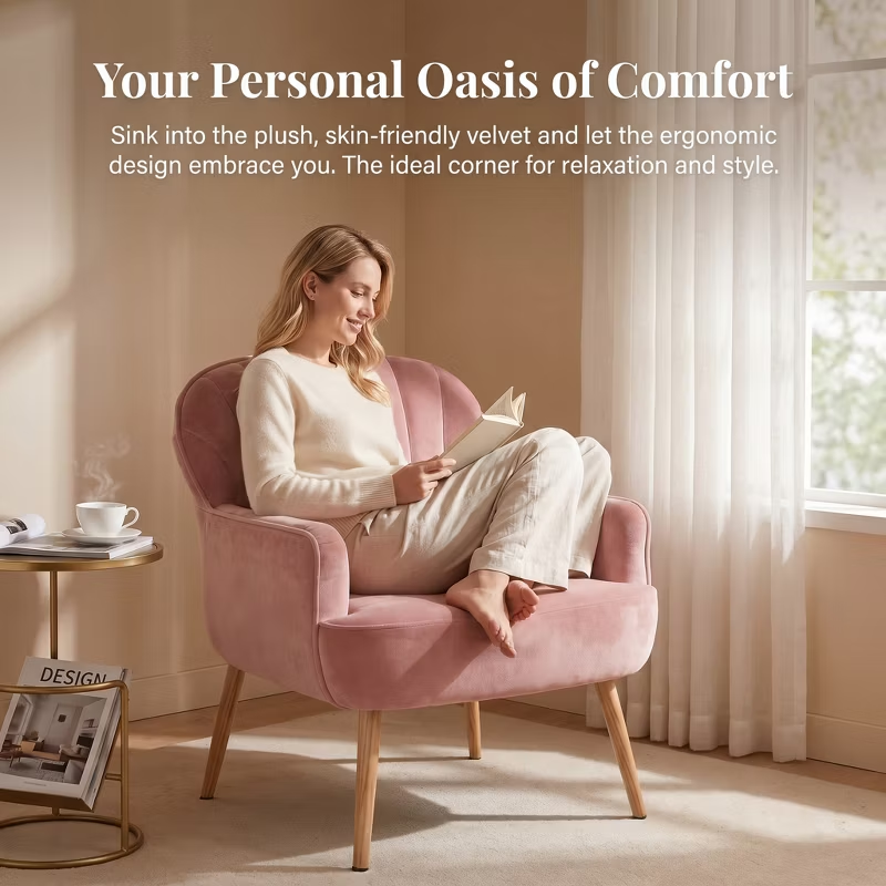 Velvet Modern Upholstered Accent Chair Luxury Single Sofa Armchair Metal Legs Comfy Barrel for Living Bedroom Office Cafe 1pc