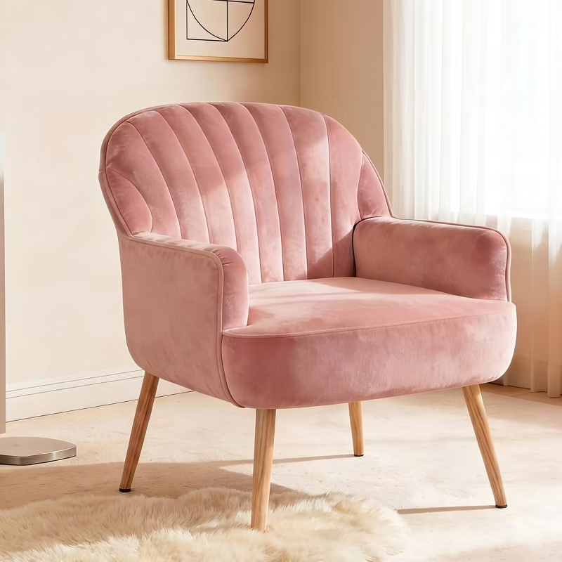 Velvet Modern Upholstered Accent Chair Luxury Single Sofa Armchair Metal Legs Comfy Barrel for Living Bedroom Office Cafe 1pc