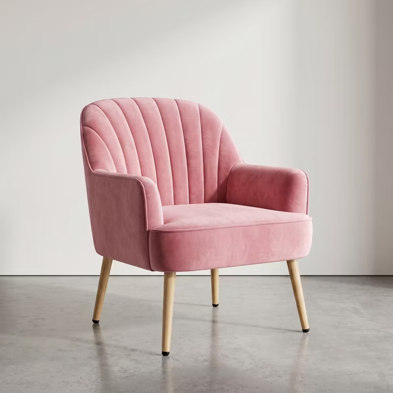 Velvet Modern Upholstered Accent Chair Luxury Single Sofa Armchair Metal Legs Comfy Barrel for Living Bedroom Office Cafe 1pc