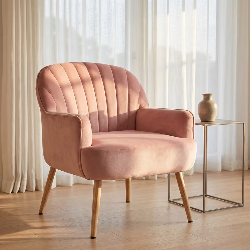 Velvet Modern Upholstered Accent Chair Luxury Single Sofa Armchair Metal Legs Comfy Barrel for Living Bedroom Office Cafe 1pc