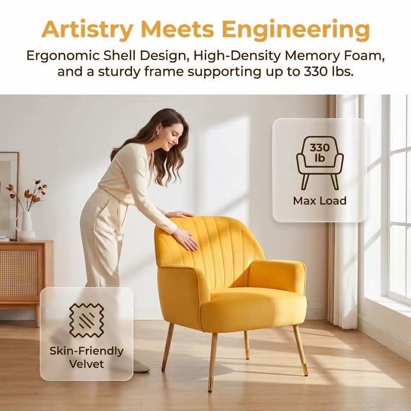 Velvet Modern Upholstered Accent Chair Luxury Single Sofa Armchair Metal Legs Comfy Barrel for Living Bedroom Office Cafe 1pc