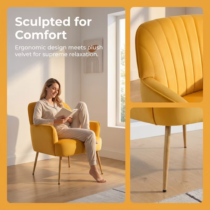 Velvet Modern Upholstered Accent Chair Luxury Single Sofa Armchair Metal Legs Comfy Barrel for Living Bedroom Office Cafe 1pc