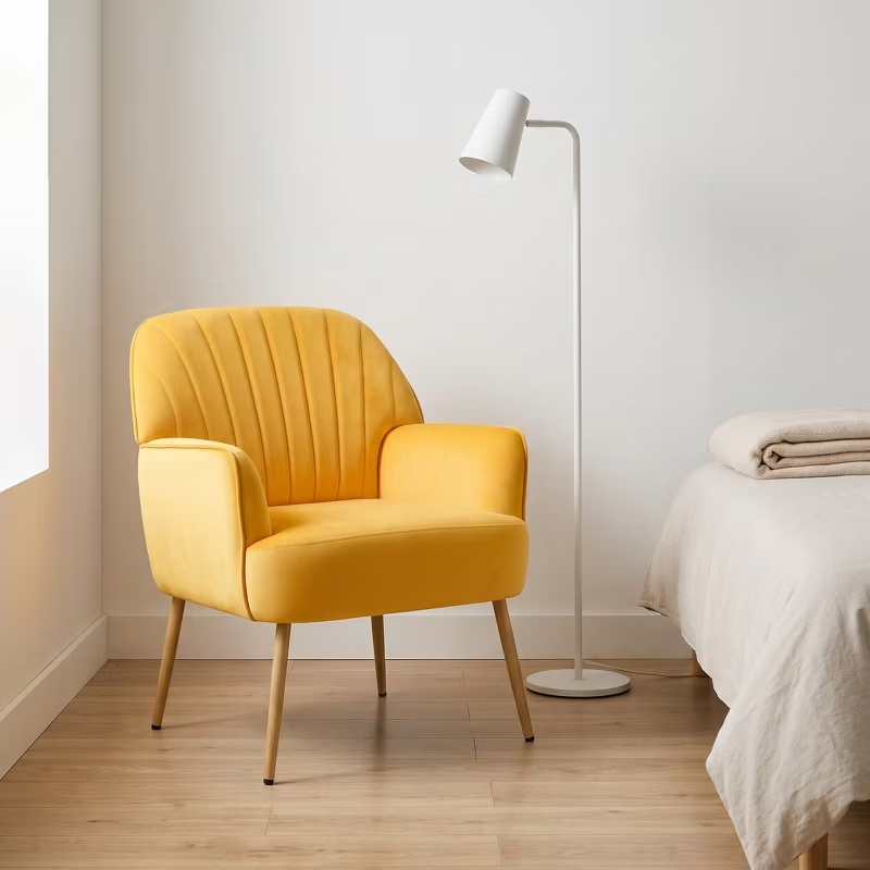 Velvet Modern Upholstered Accent Chair Luxury Single Sofa Armchair Metal Legs Comfy Barrel for Living Bedroom Office Cafe 1pc