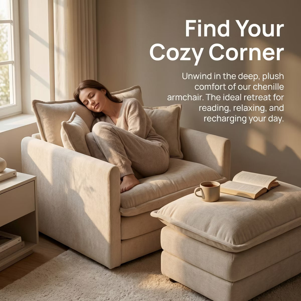 Chenille Accent Chair with Deep Seat, High-Density Foam & 300-Lb Capacity