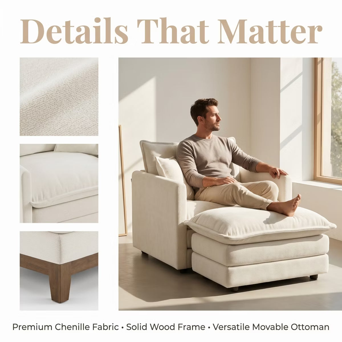 Chenille Accent Chair with Deep Seat, High-Density Foam & 300-Lb Capacity
