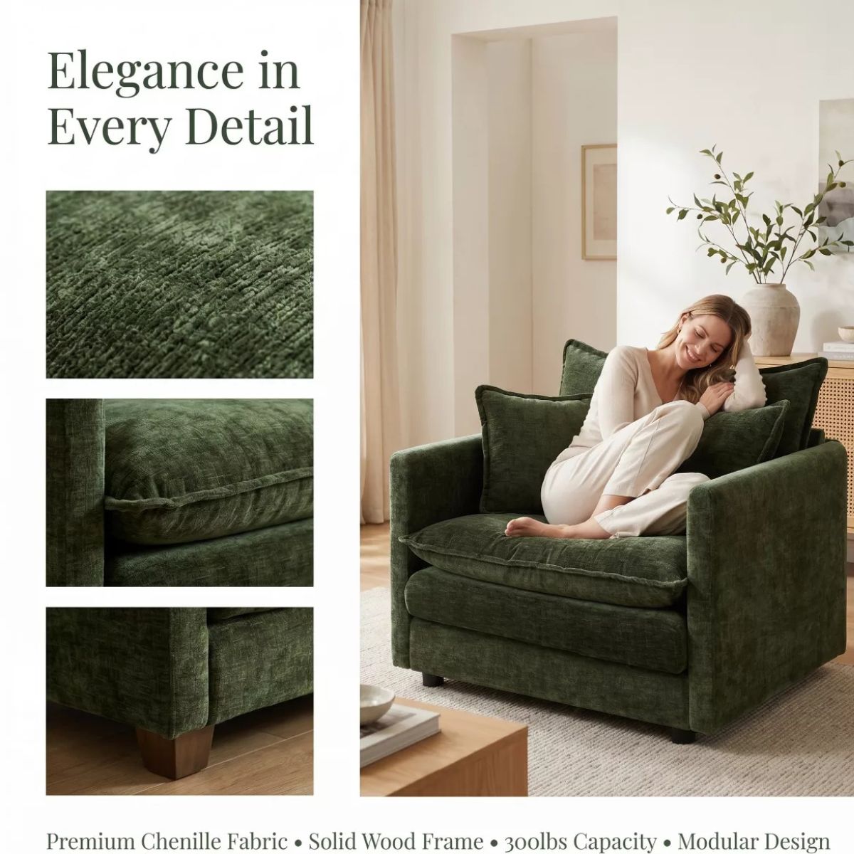 Chenille Accent Chair with Deep Seat, High-Density Foam & 300-Lb Capacity