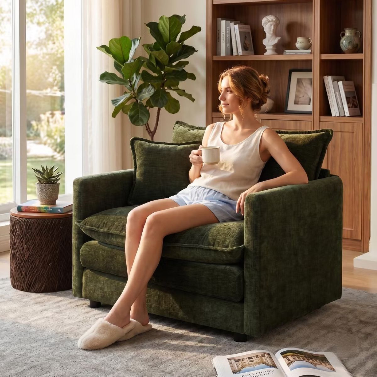 Chenille Accent Chair with Deep Seat, High-Density Foam & 300-Lb Capacity