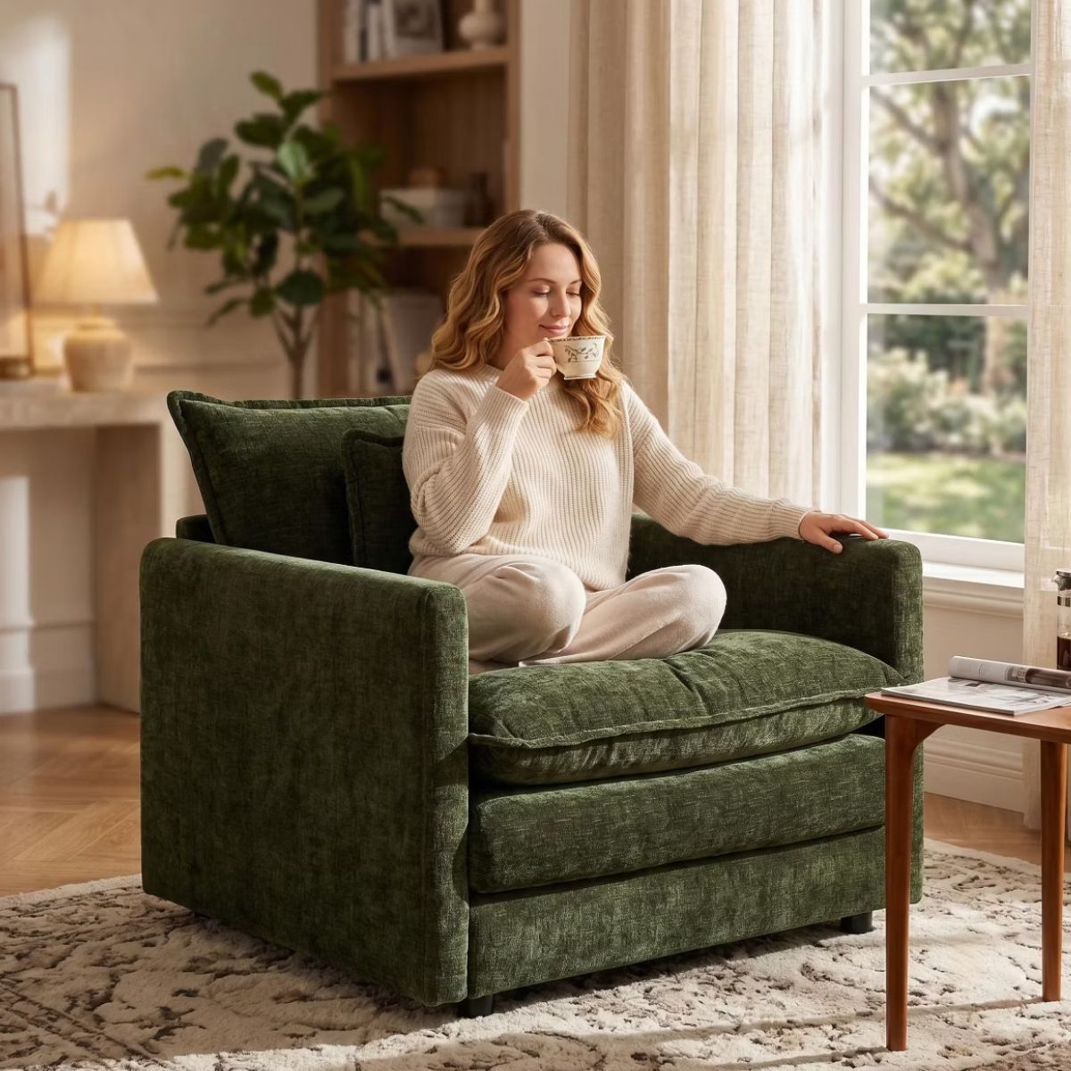 Chenille Accent Chair with Deep Seat, High-Density Foam & 300-Lb Capacity