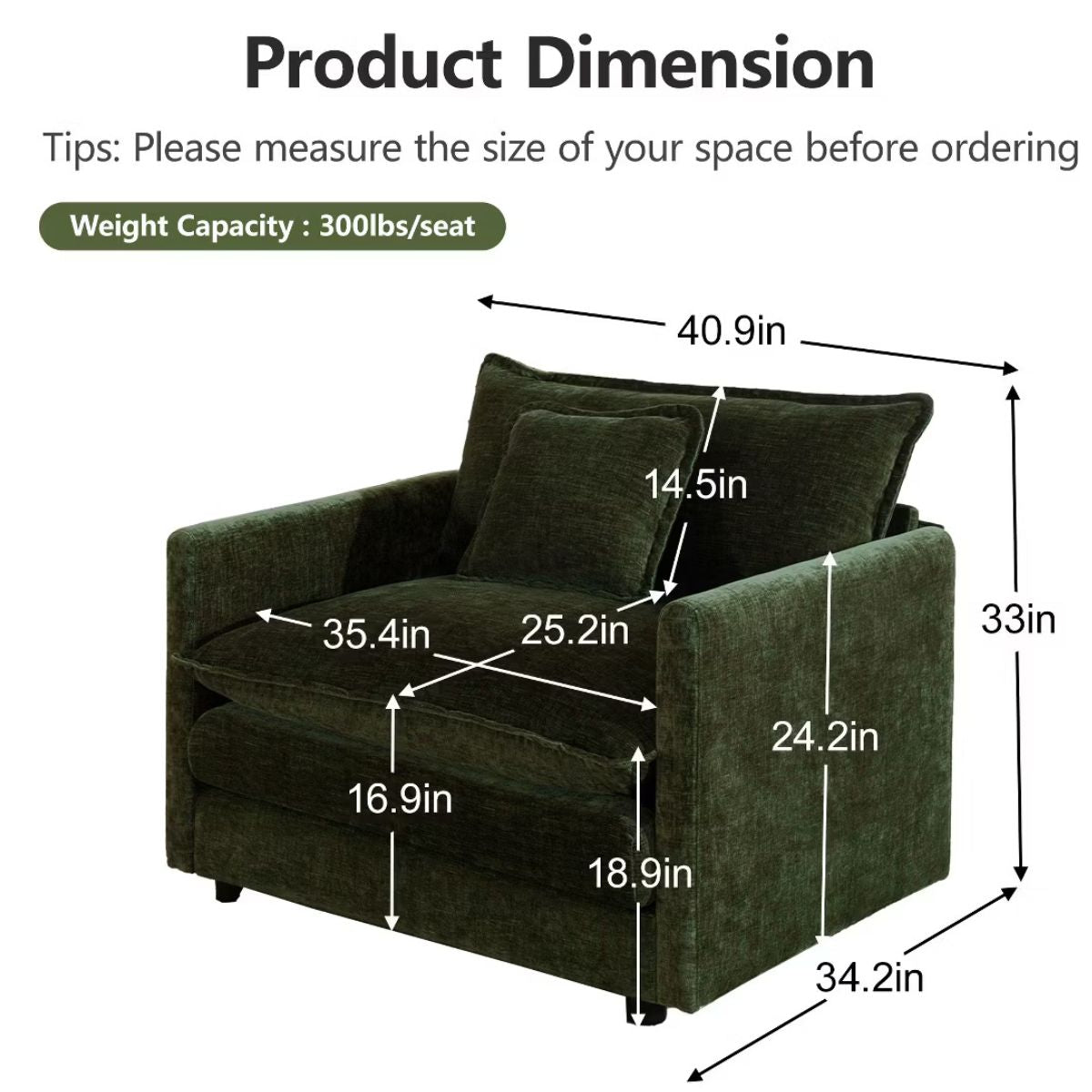 Chenille Accent Chair with Deep Seat, High-Density Foam & 300-Lb Capacity