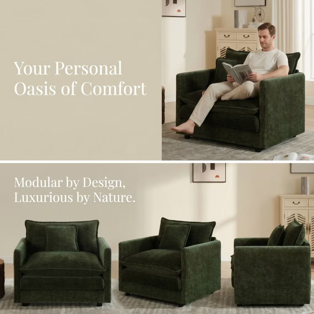 Chenille Accent Chair with Deep Seat, High-Density Foam & 300-Lb Capacity