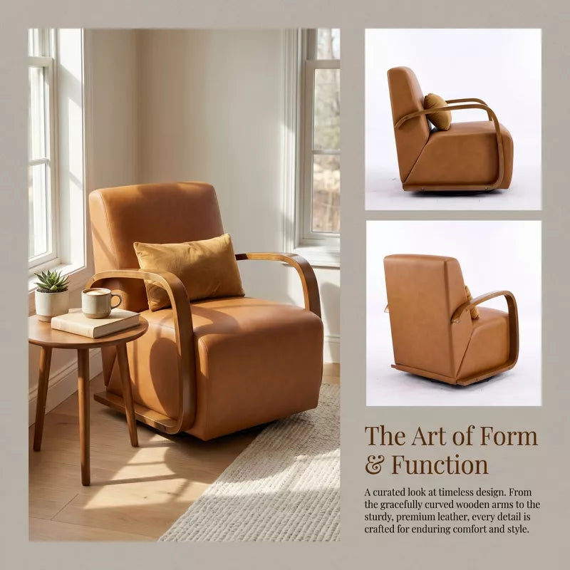 Vintage Brown 360° Swivel Accent Chair with Solid Wood Arms & Faux Leather Seat Cushion