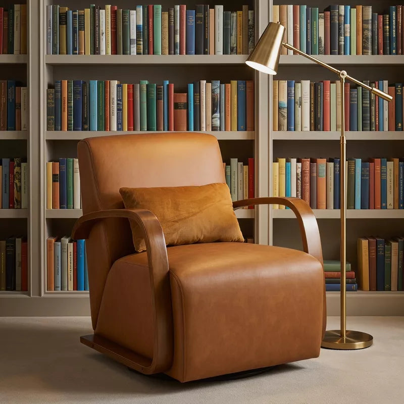 Vintage Brown 360° Swivel Accent Chair with Solid Wood Arms & Faux Leather Seat Cushion