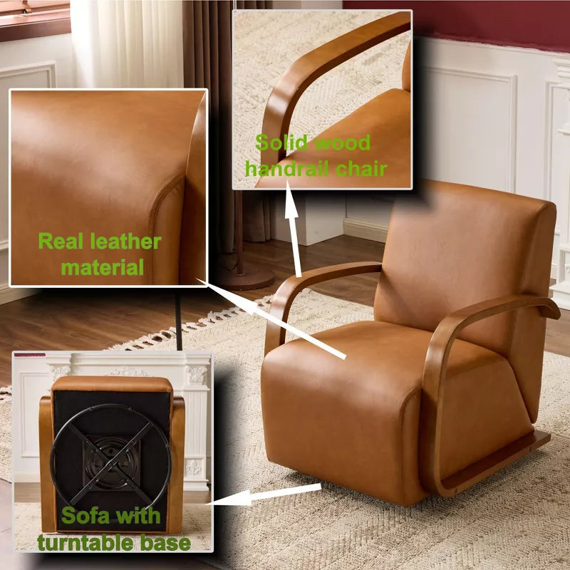 Vintage Brown 360° Swivel Accent Chair with Solid Wood Arms & Faux Leather Seat Cushion
