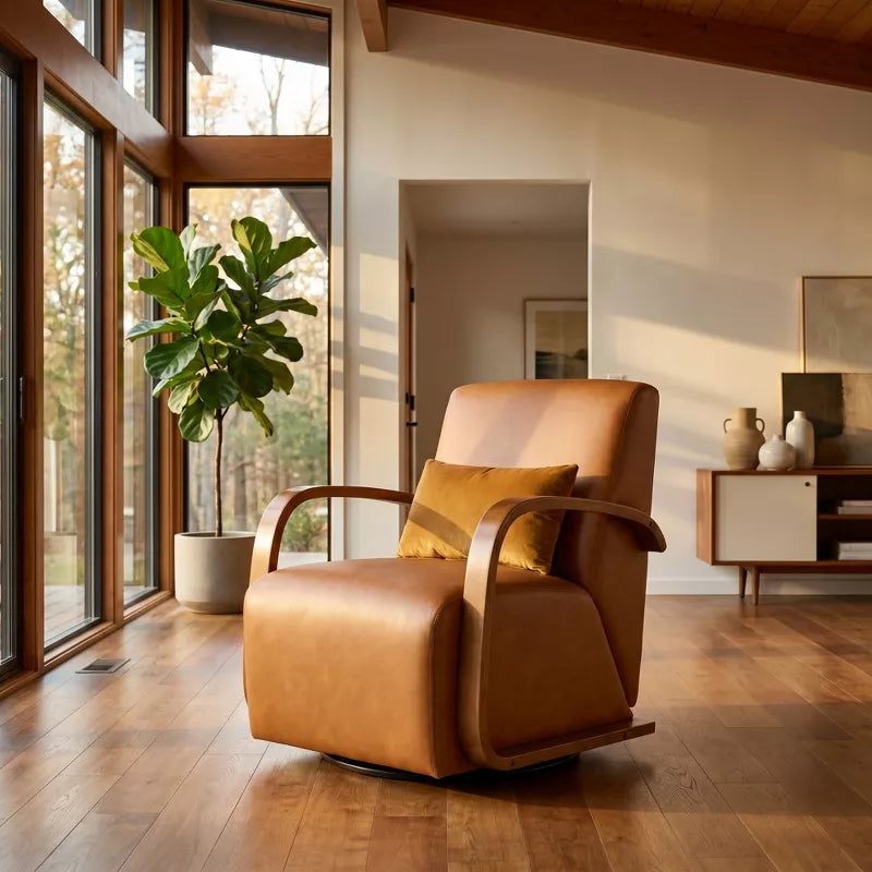 Vintage Brown 360° Swivel Accent Chair with Solid Wood Arms & Faux Leather Seat Cushion
