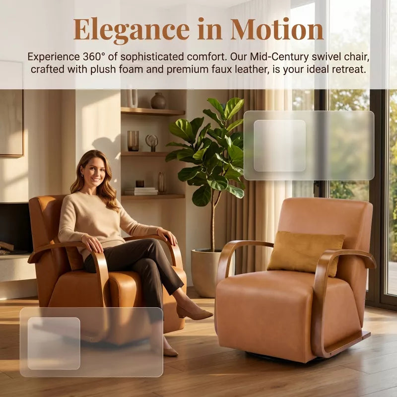 Vintage Brown 360° Swivel Accent Chair with Solid Wood Arms & Faux Leather Seat Cushion