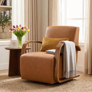 Vintage Brown 360° Swivel Accent Chair with Solid Wood Arms & Faux Leather Seat Cushion