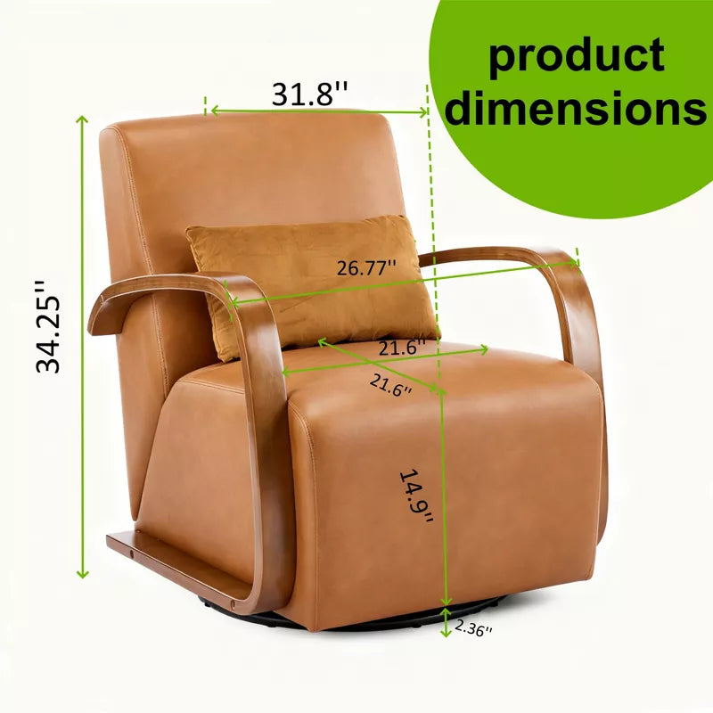 Vintage Brown 360° Swivel Accent Chair with Solid Wood Arms & Faux Leather Seat Cushion