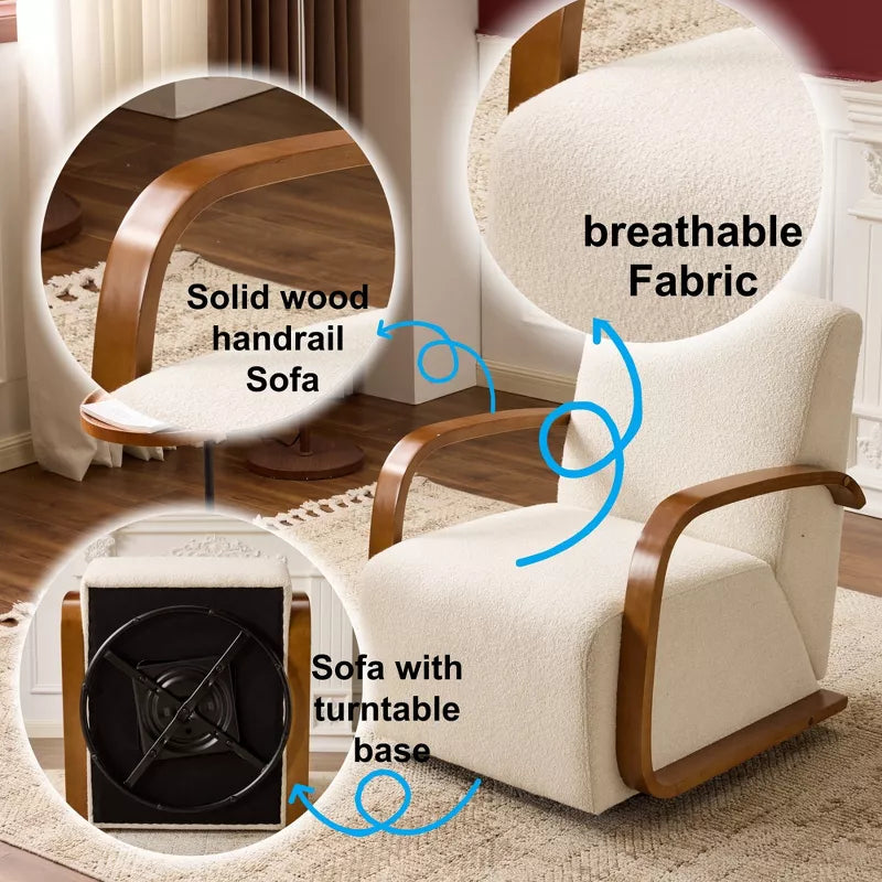 Cream 360° Swivel Accent Chair with Solid Wood Arms & Pillow for Living Room