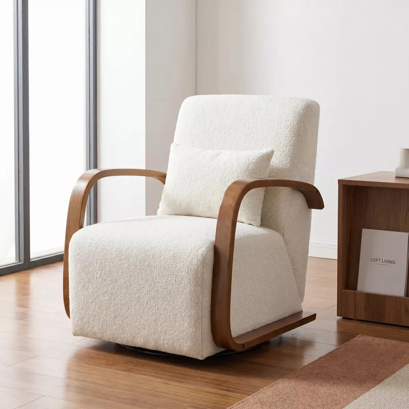 Cream 360° Swivel Accent Chair with Solid Wood Arms & Pillow for Living Room