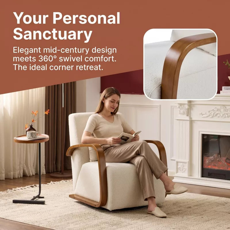 Cream 360° Swivel Accent Chair with Solid Wood Arms & Pillow for Living Room