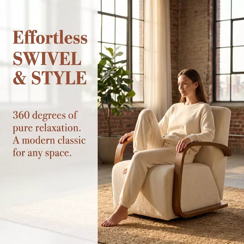 Cream 360° Swivel Accent Chair with Solid Wood Arms & Pillow for Living Room