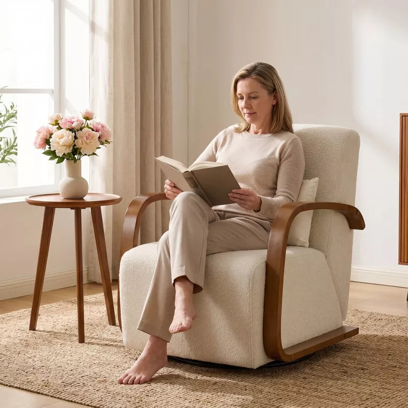 Cream 360° Swivel Accent Chair with Solid Wood Arms & Pillow for Living Room