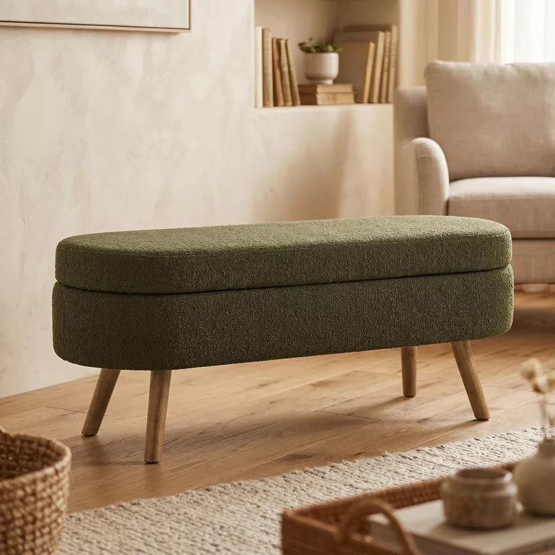 Ottoman Storage Bench with Upholstered Seat and Wood Legs for Home