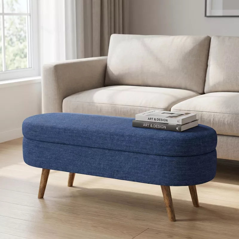 Ottoman Storage Bench with Upholstered Seat and Wood Legs for Home