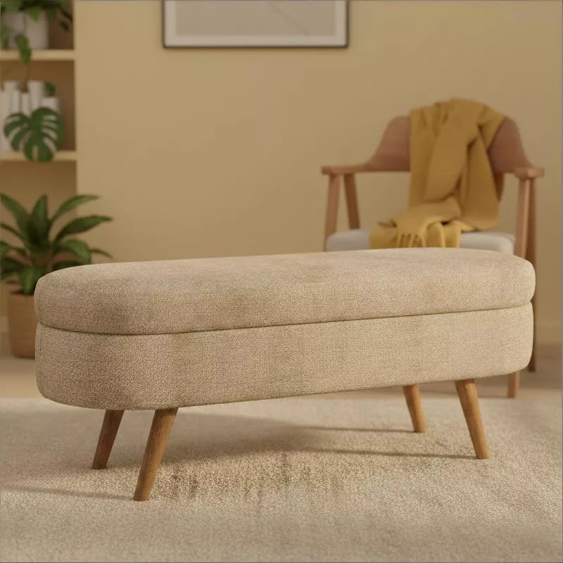 Ottoman Storage Bench with Upholstered Seat and Wood Legs for Home