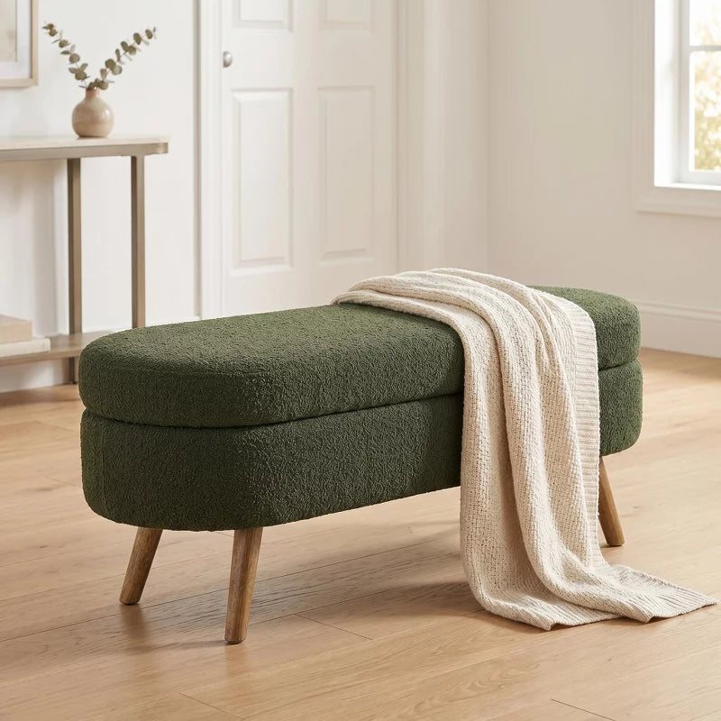 Ottoman Storage Bench with Upholstered Seat and Wood Legs for Home