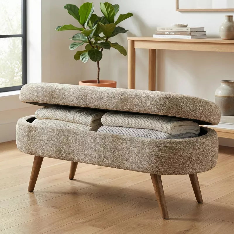 Ottoman Storage Bench with Upholstered Seat and Wood Legs for Home