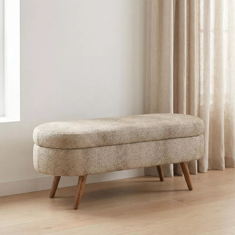 Ottoman Storage Bench with Upholstered Seat and Wood Legs for Home