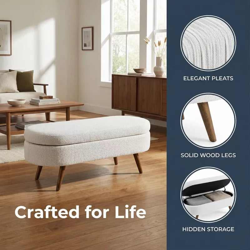 Ottoman Storage Bench with Upholstered Seat and Wood Legs for Home