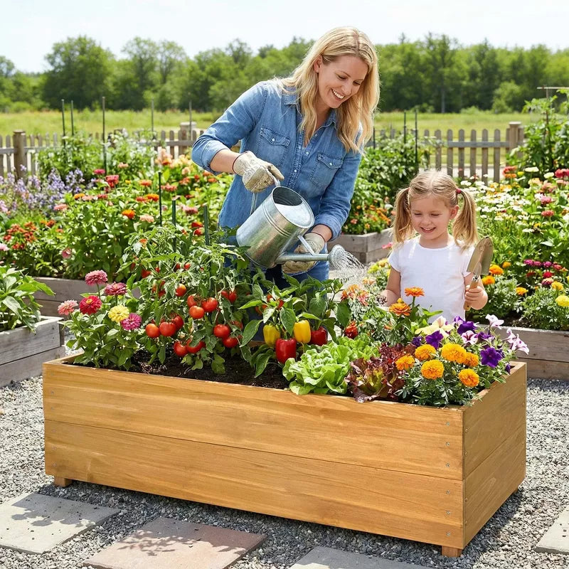 Solid Fir Raised Garden Bed with Drainage Liner for Patio Vegetable Gardening