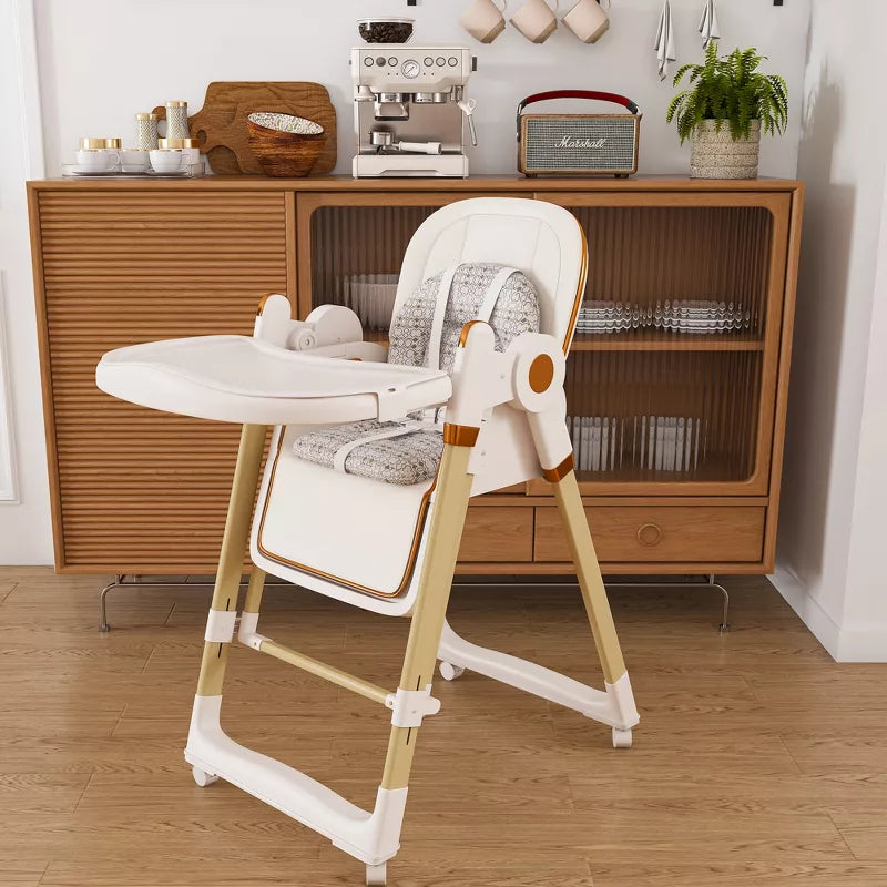 Convertible Baby High Chair and Rocker with Foldable Frame and Locking Wheels